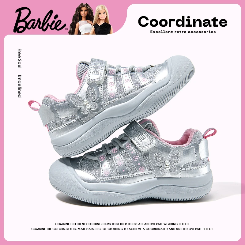 芭比女童运动鞋2025春秋季透气防滑运动鞋公主风软底机能潮鞋
