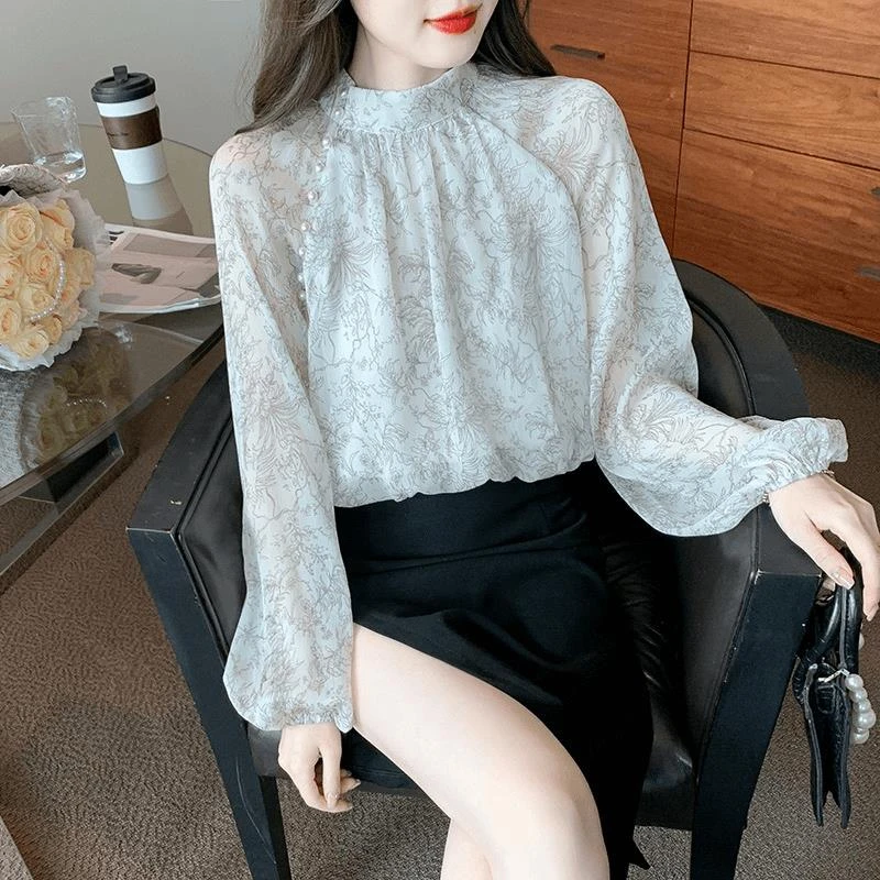 法式甜美碎花雪纺衬衫女装秋装2025新款钉珠洋气减龄长袖内搭上衣