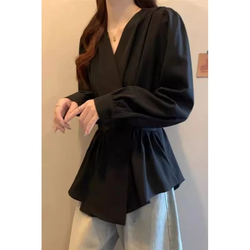 大码法式气质高级感黑色长袖衬衫女春秋胖收腰遮肚领小衫上衣