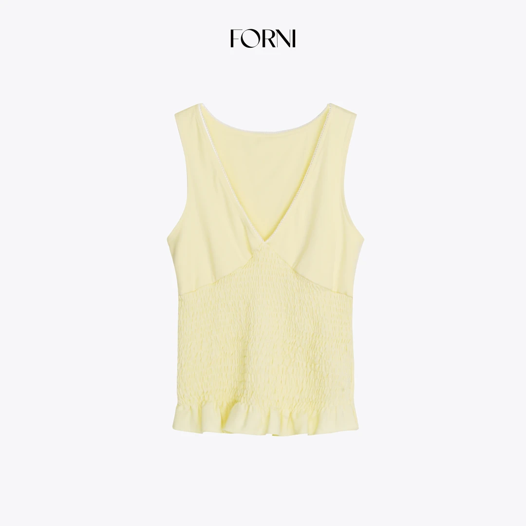 FORNI 甜豆少女 轻氧冰感天丝拼接打揽木耳边无袖V领背心上衣