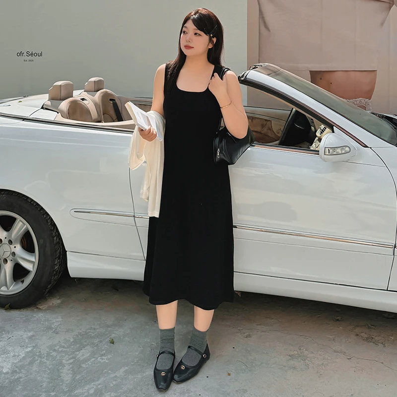 大码女装方领无袖连衣裙女外穿内搭背心裙2025春胖mm针织裙