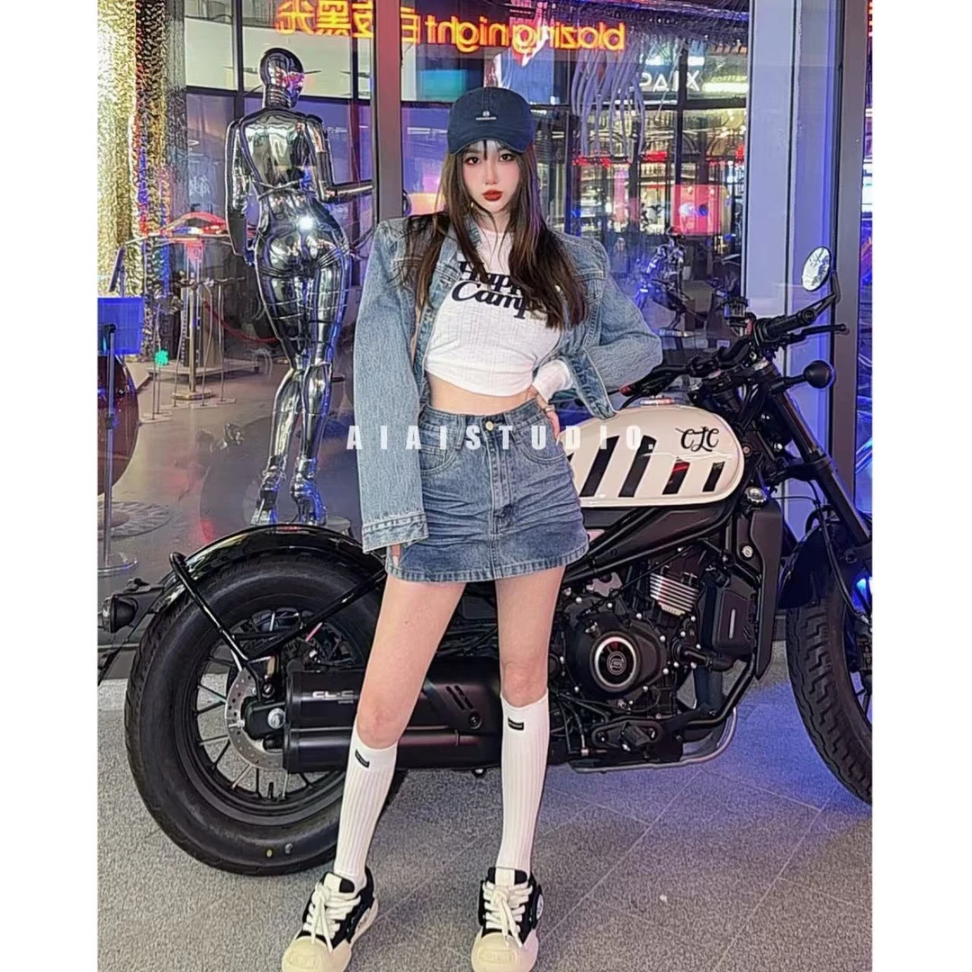 AIAI【自然由己】定制机车夹克牛仔外套/高腰褶皱牛仔裙裤裙女春夏