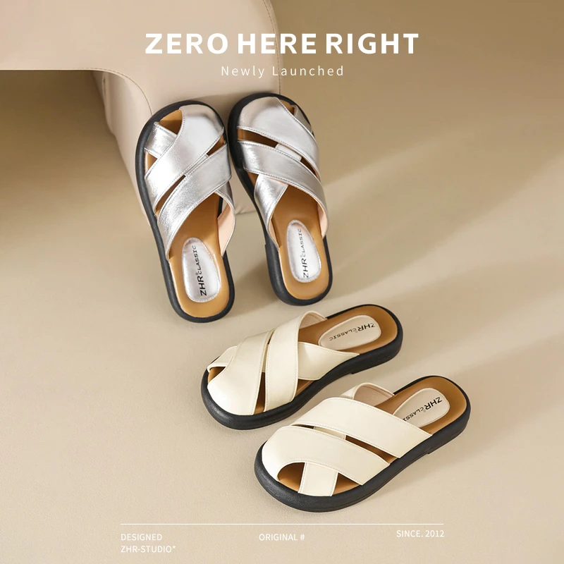 ZHR/则则厚底包头半拖女2025夏季新款一脚蹬罗马凉鞋百搭沙滩鞋