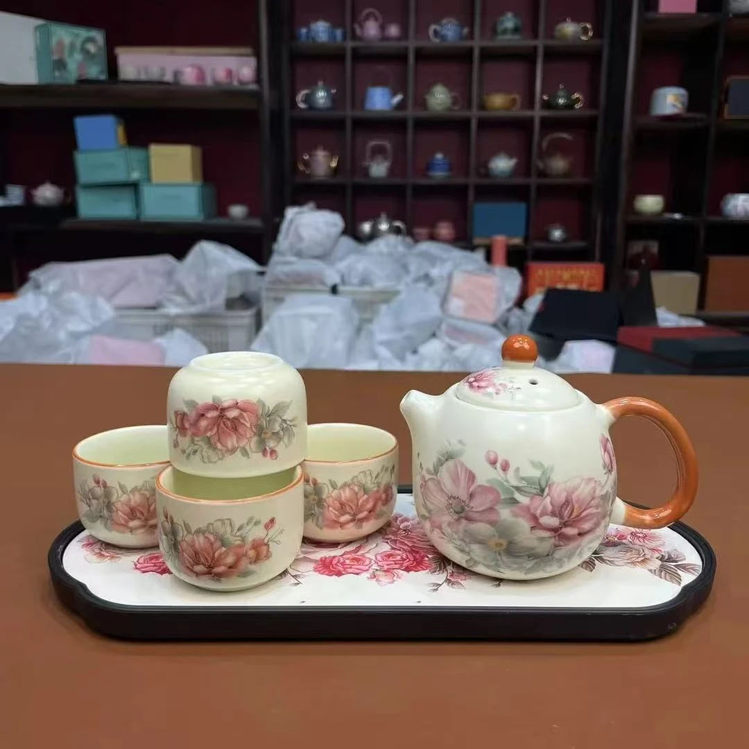 ZH2640-桃花一壶四杯（裸瓷）+花儿朵朵干泡盘