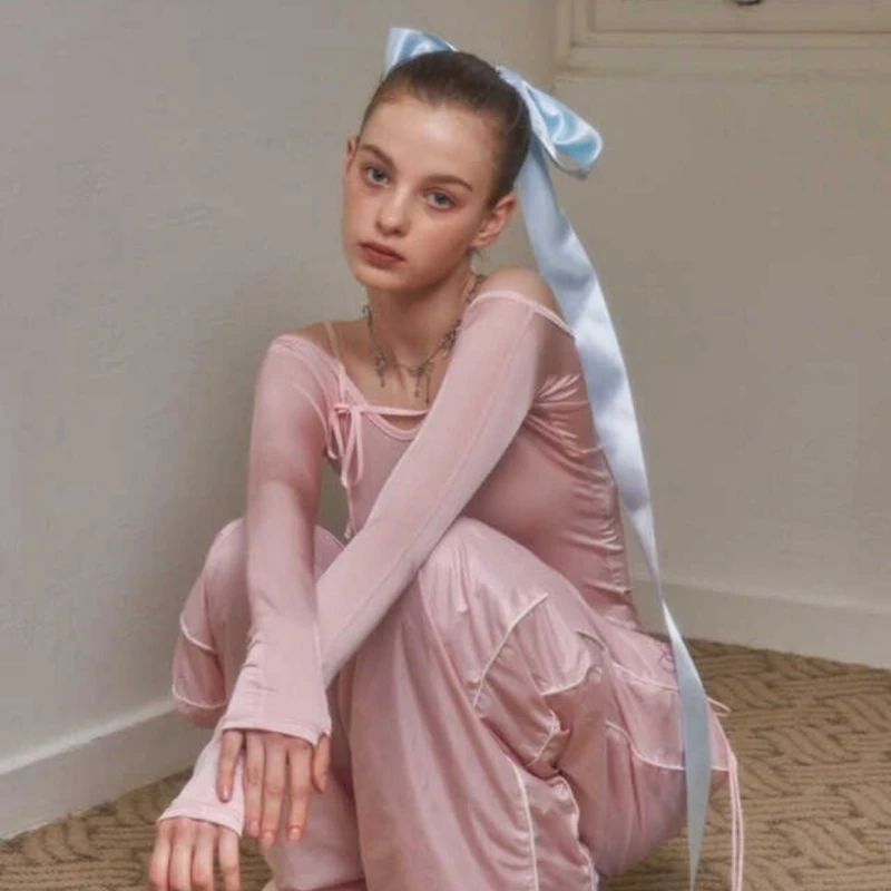 丝带美学法式奶蓝色大蝴蝶结超长飘带发夹后脑勺顶夹芭蕾风头饰