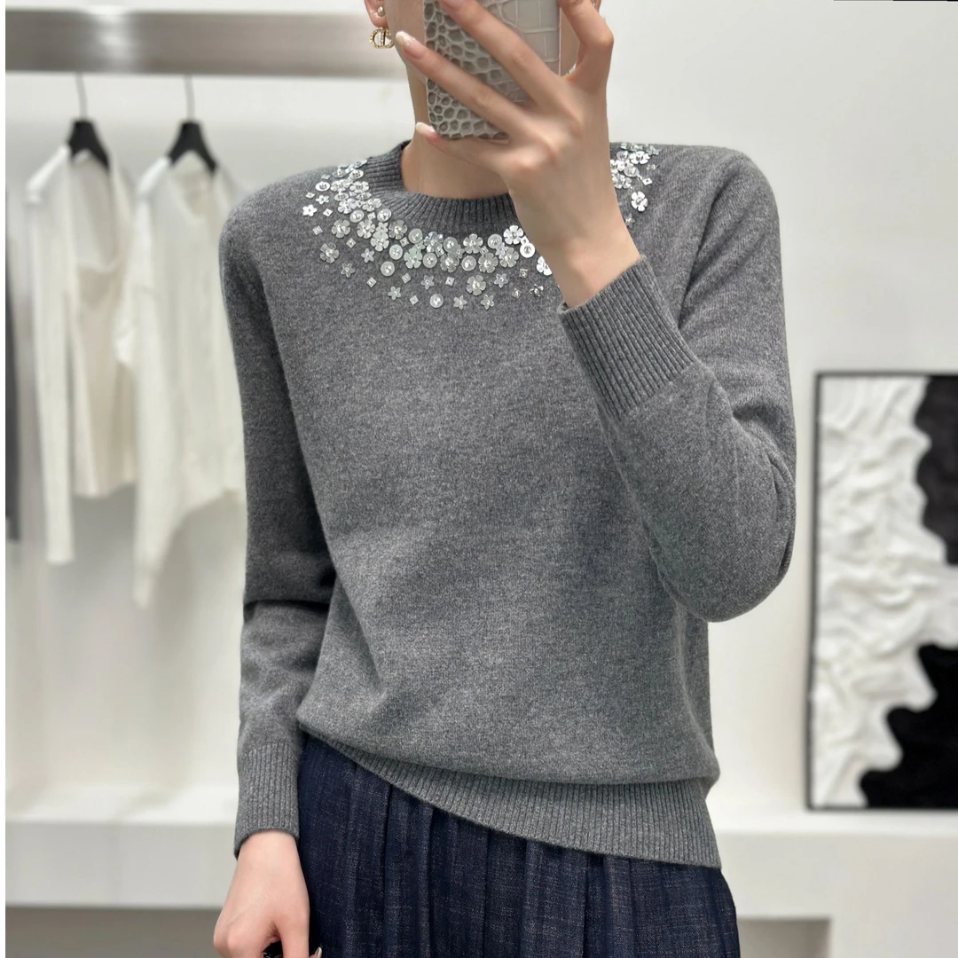 黛妍6651冬季新款100%羊毛洋气大珠片领口满天星针织套头上衣