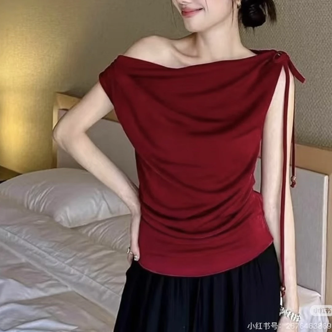 常规袖无袖显瘦短袖常规性感褶皱毛针织衫洋气修身