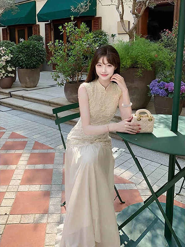 【雪俏】国风新中式杏色提花低调奢华典雅气质拼接法式连衣裙夏季