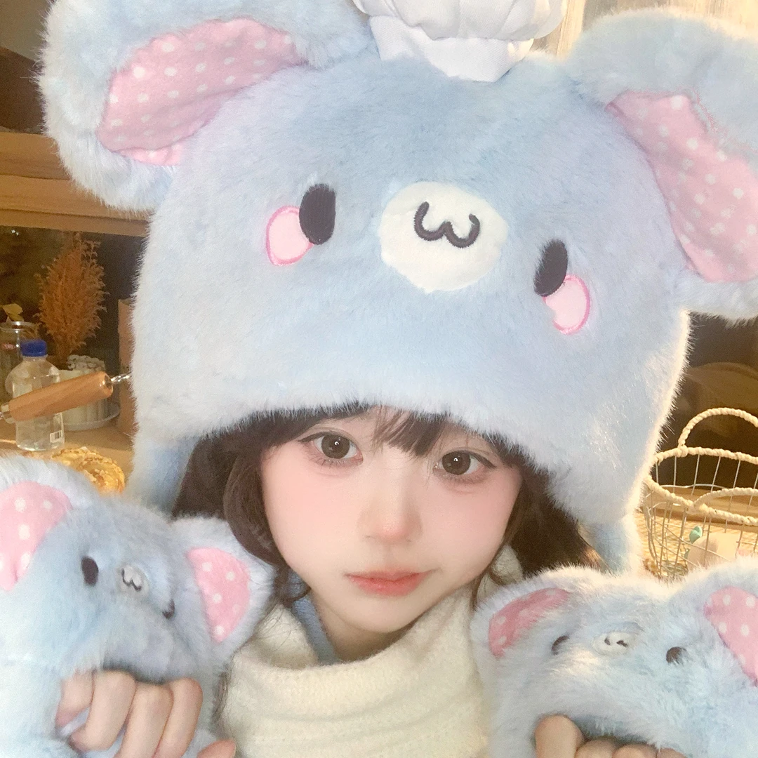 芝芝鼠可爱毛绒帽子女冬季加绒加厚防寒保暖显脸小老鼠护耳帽手套