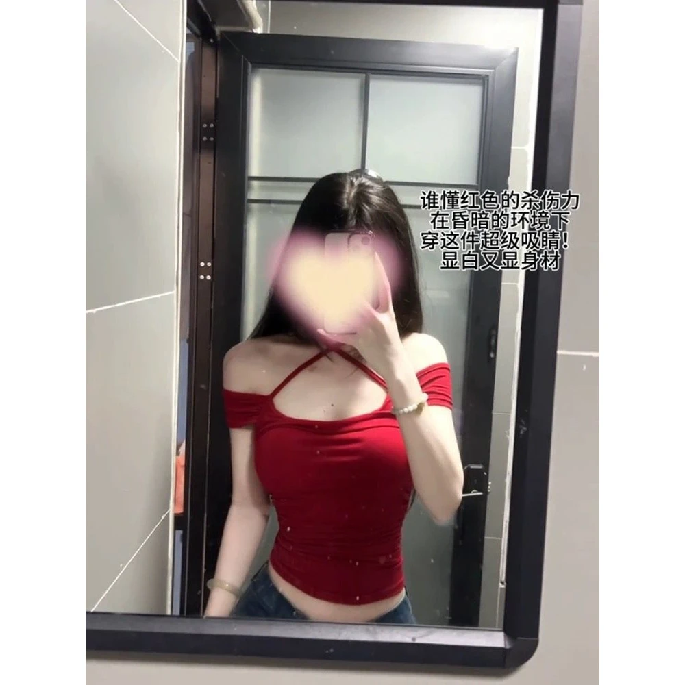 辣妹欲挂脖红色短袖t恤女2025女士棉t恤打底设计感露背紧身显身材