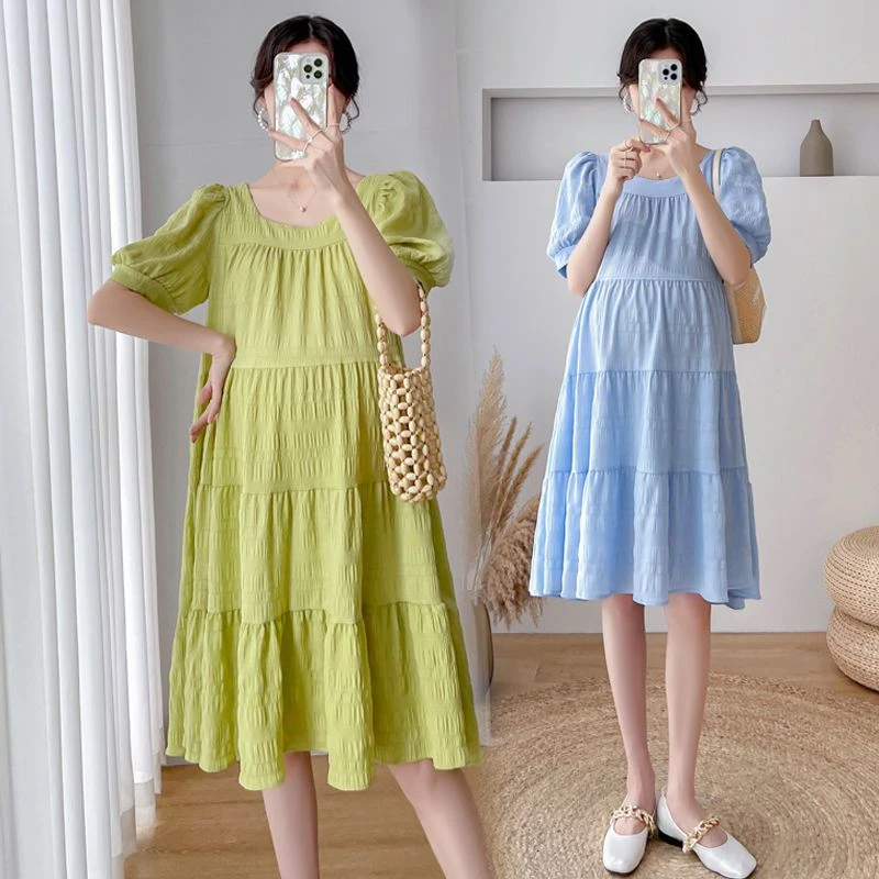 孕妇装夏装上衣韩版新款时尚过膝遮肚小清新宽松气质连衣裙夏季款