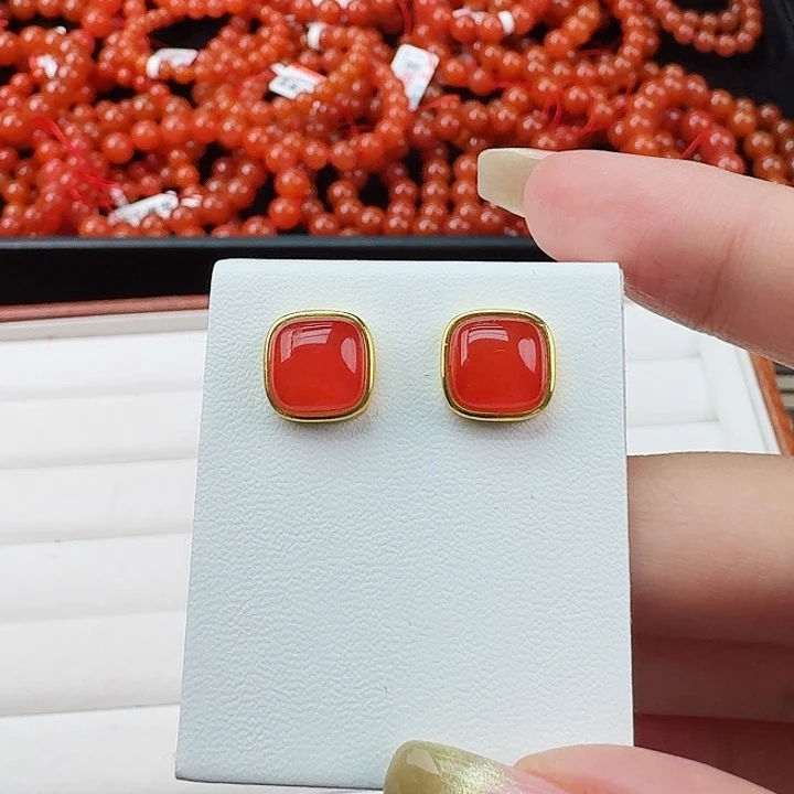 南红玛瑙大号方形耳钉银S925镶嵌