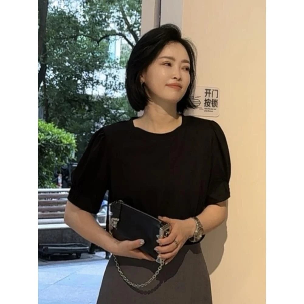 夏季宽松小众设计泡泡袖后背蕾丝显瘦T恤女百搭薄款短袖圆领上衣