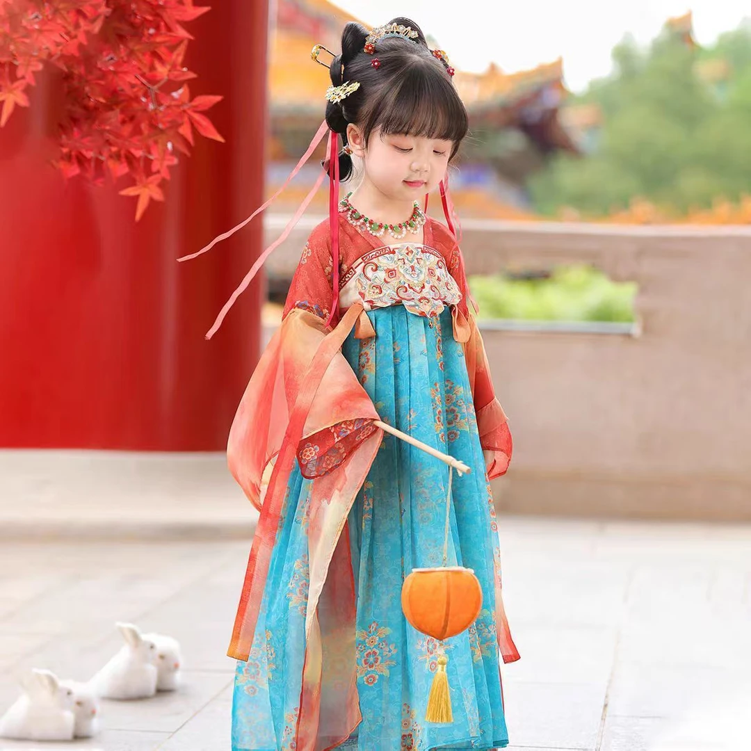 汉服新款女童春秋中国古风敦煌女孩古装连衣裙儿童唐装
