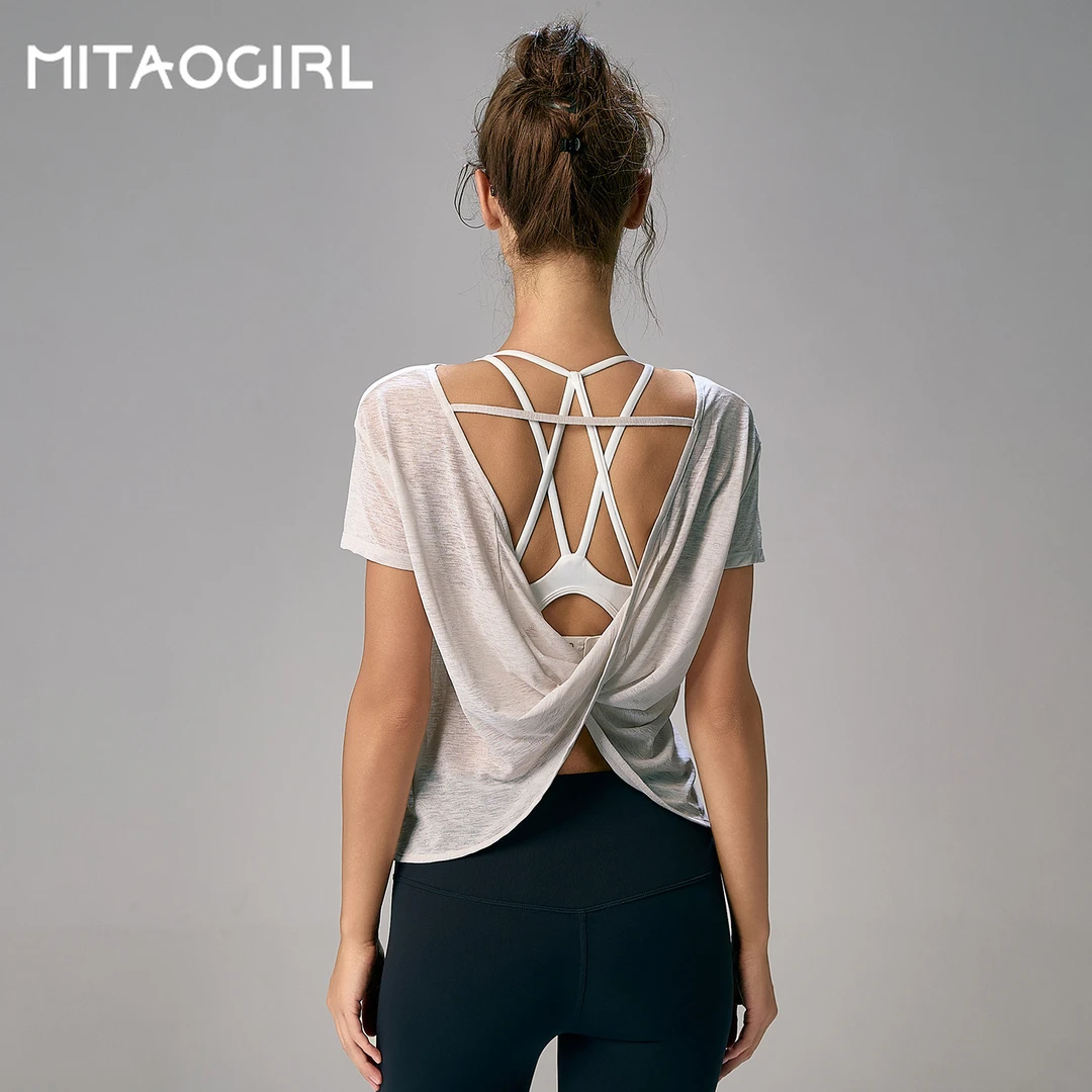 MITAOGIRL肯豆瑜伽女夏运动上衣美背短袖T恤宽松罩衫普拉提健身服