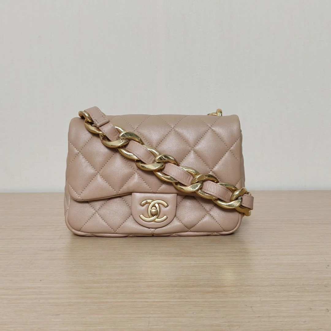 95新 Chanel/香奈儿 【小花黑黑】22P 粗链条单肩包 小号 奶茶色