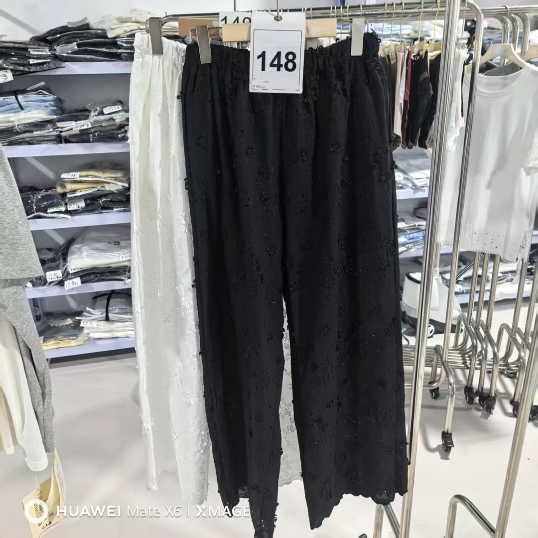 148-671-花朵九分裤无弹力镂空薄款休闲裤卫裤防蚊黑色性感风