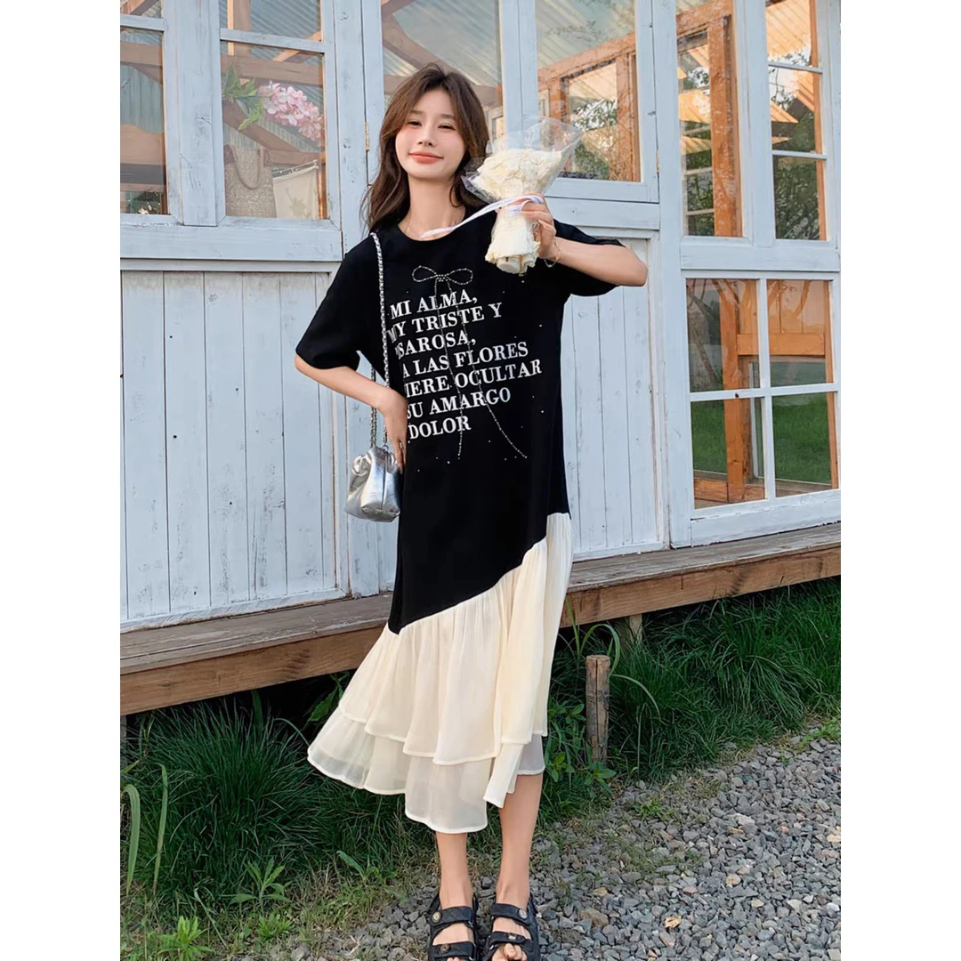 黑色字母印花t恤连衣裙女夏2025新款宽松显瘦休闲网纱拼接鱼尾裙