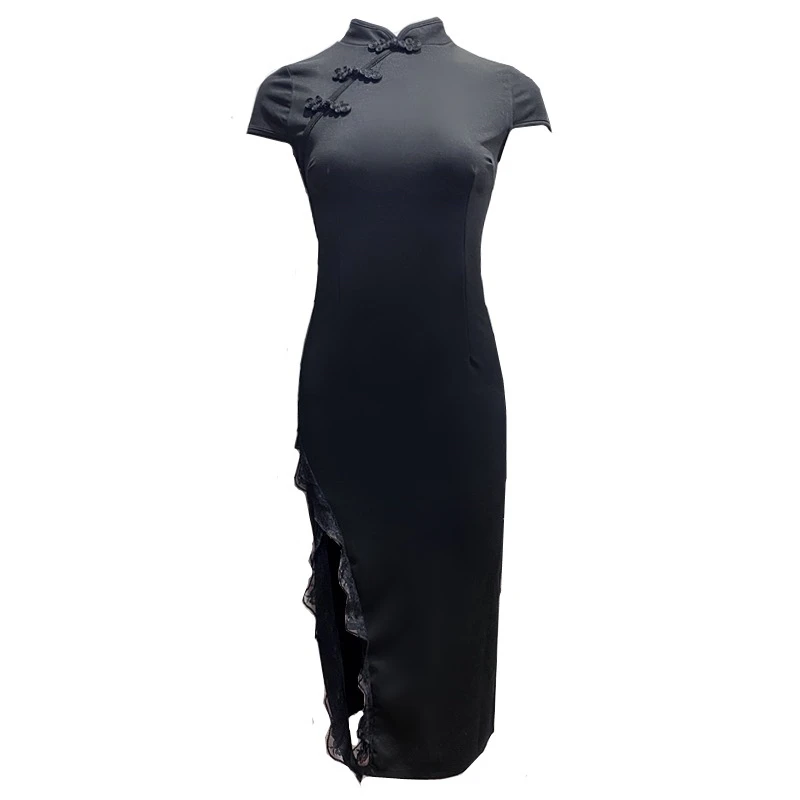 3096#立领蕾丝开叉短袖旗袍