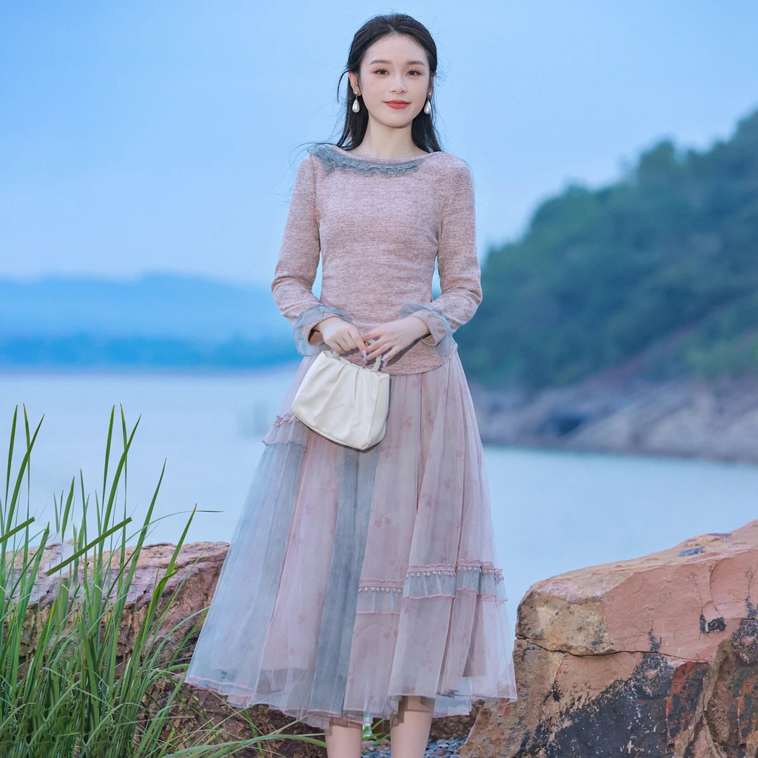 烟花烫复古气质小个子修身显瘦套装女针织上衣半身裙 睿玲玲睿
