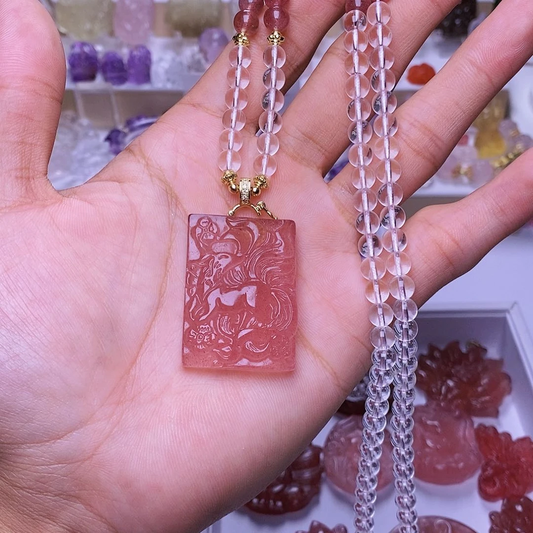 水晶颈饰未镶嵌草莓晶九尾狐吊坠 送链子