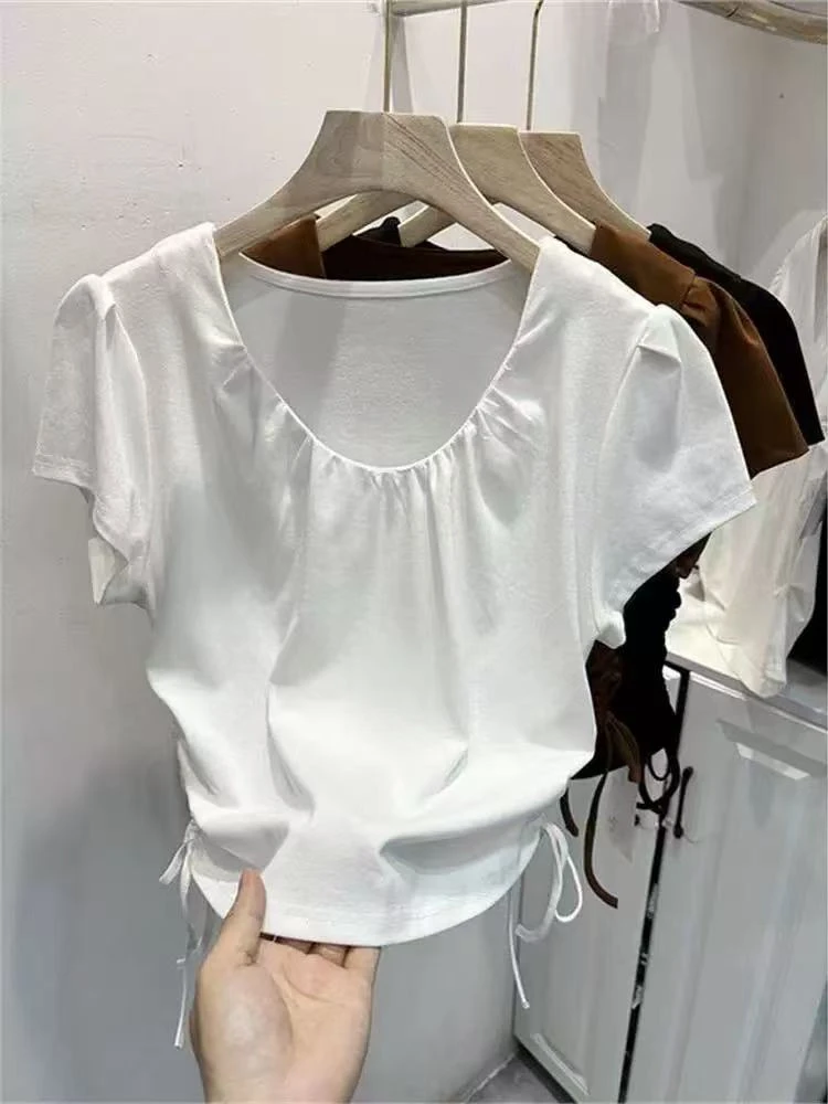 【代莹优选】2278韩版设计感U领褶皱短袖T恤