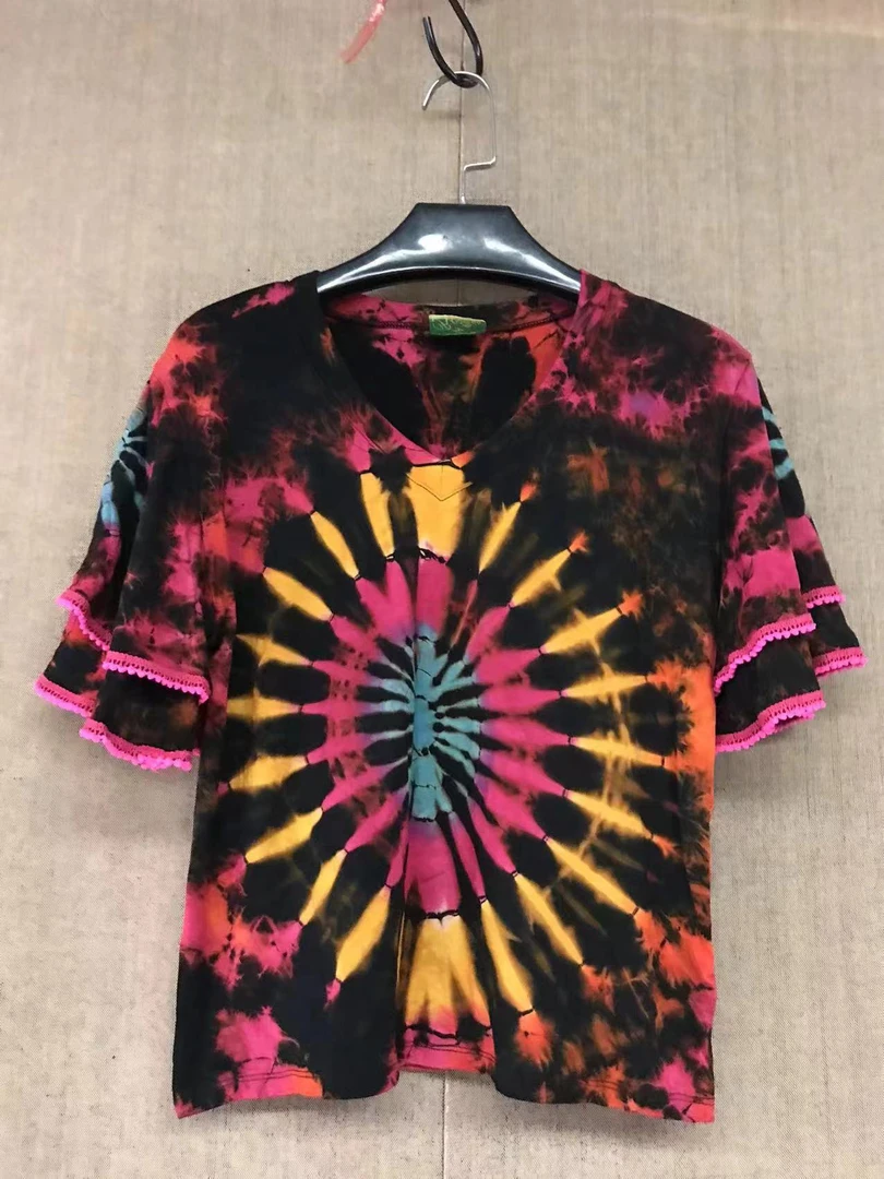 泰国纯植物扎染弹力棉小衣服短袖百搭印花喇叭袖