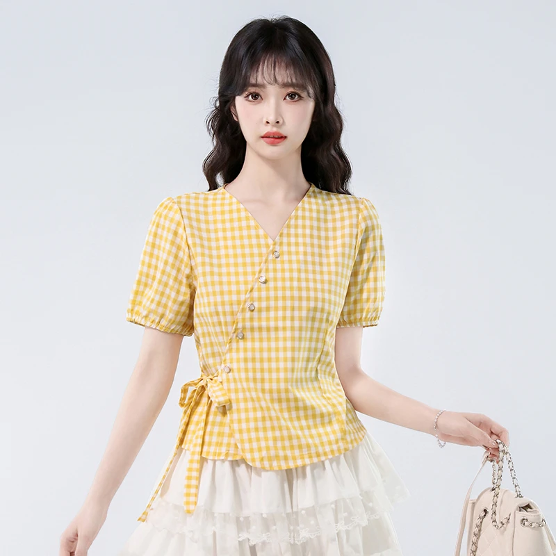 法式V领黄色格子短袖衬衫女夏季新款设计感绑带收腰气质短款上衣