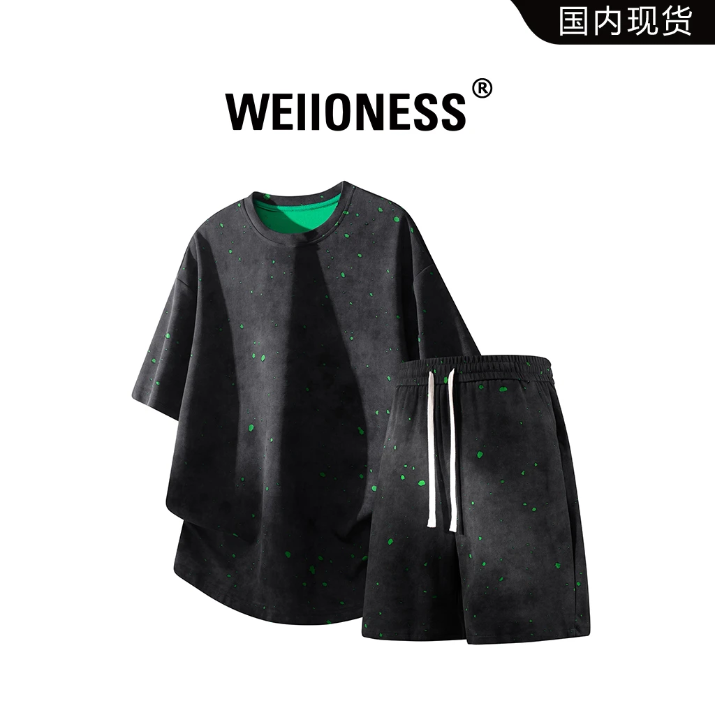 WEIIONESS美式重磅破洞短袖t恤套装2025夏季男士宽松时尚两件套潮