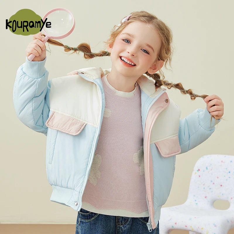 酷娃米冬款中小男女童舒适百搭三色拼接加棉外套20644