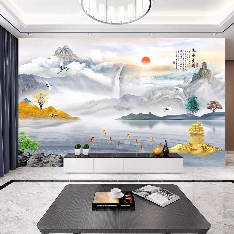 流水生财3d立体大气客厅电视背景墙壁画8d轻奢现代简约影视墙壁纸