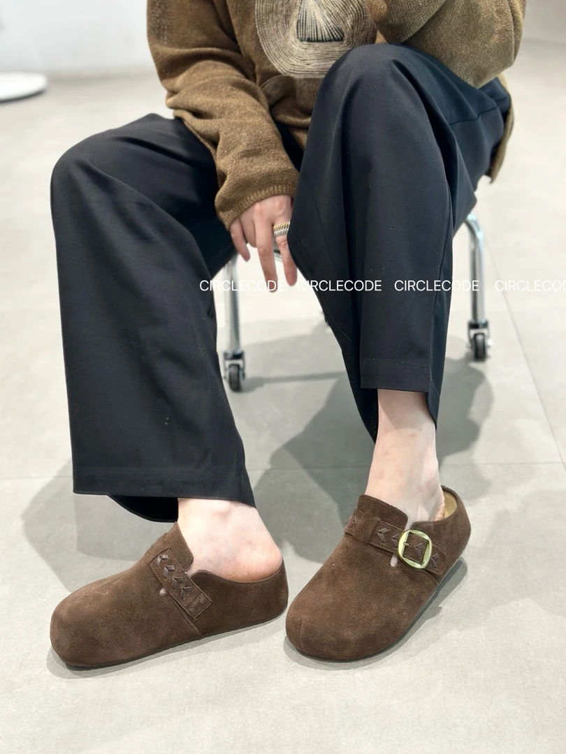 2025新款厚底反绒皮勃肯包头半拖鞋女外穿一脚蹬休闲百搭博肯鞋