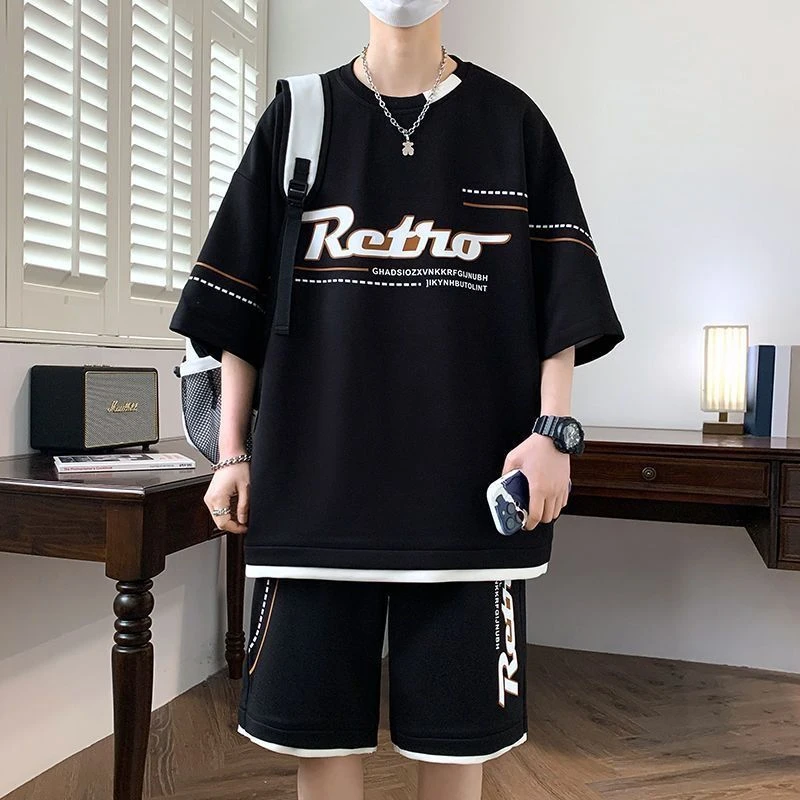 特大码300斤复古华夫格休闲套装男士夏季运动短袖短裤百搭一整套