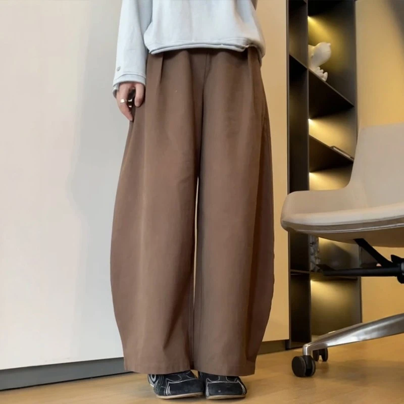 咖色裤子女款小个子镰刀阔腿裤胖mm显瘦工装弯刀裤梨型身材休闲裤