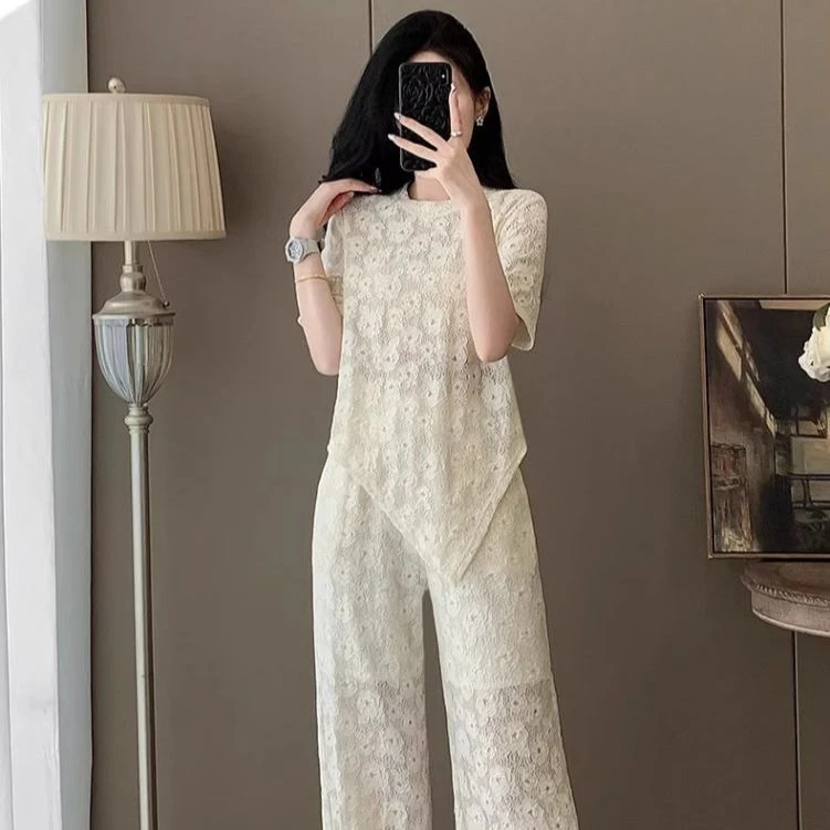 韩系减龄高级感蕾丝镂空运动套装阔腿裤两件套ins风