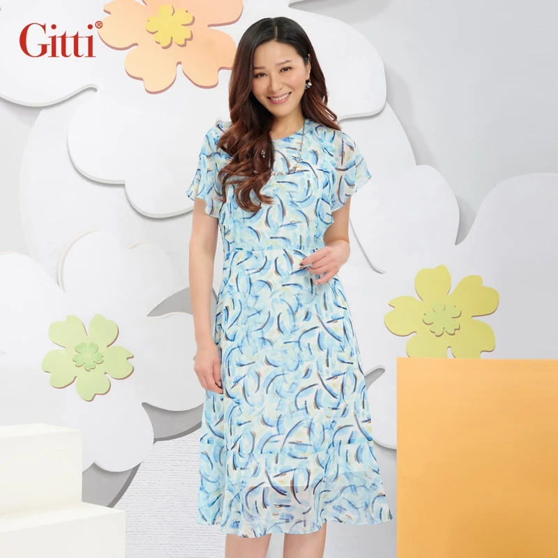 Gitti/吉蒂2025夏季新款荷叶袖优雅收腰显瘦印花连衣裙G251283