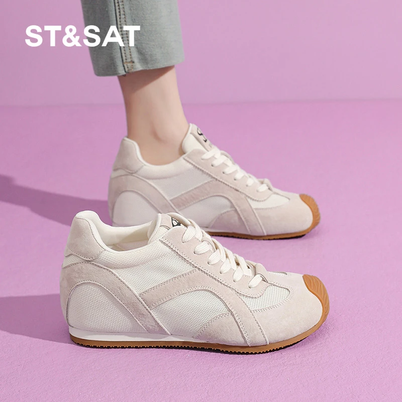 星期六德训鞋女2025秋新款网面透气圆头增高厚底5.5CM休闲运动鞋