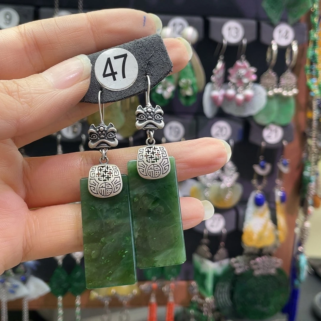 苹***果和田玉银S925镶嵌耳饰664hhgg