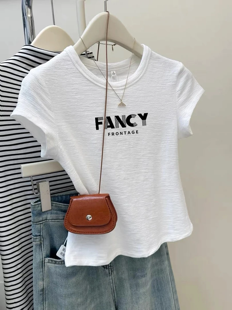 韩系正肩白色肌理感短袖T恤女夏修身显瘦圆领不撞款百搭潮棉纱