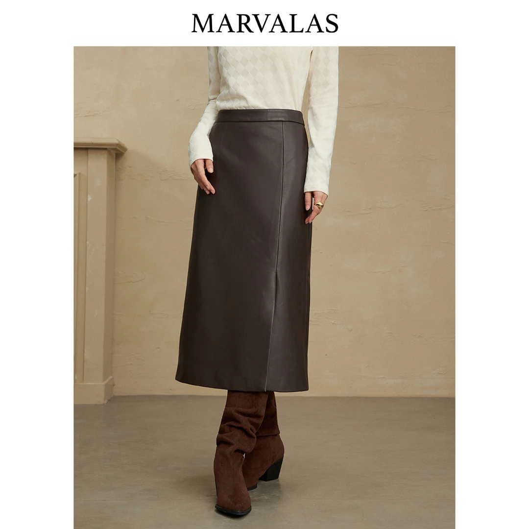 【籽言专属】半身裙冬季新款时尚开叉设计半裙气质高腰皮裙女