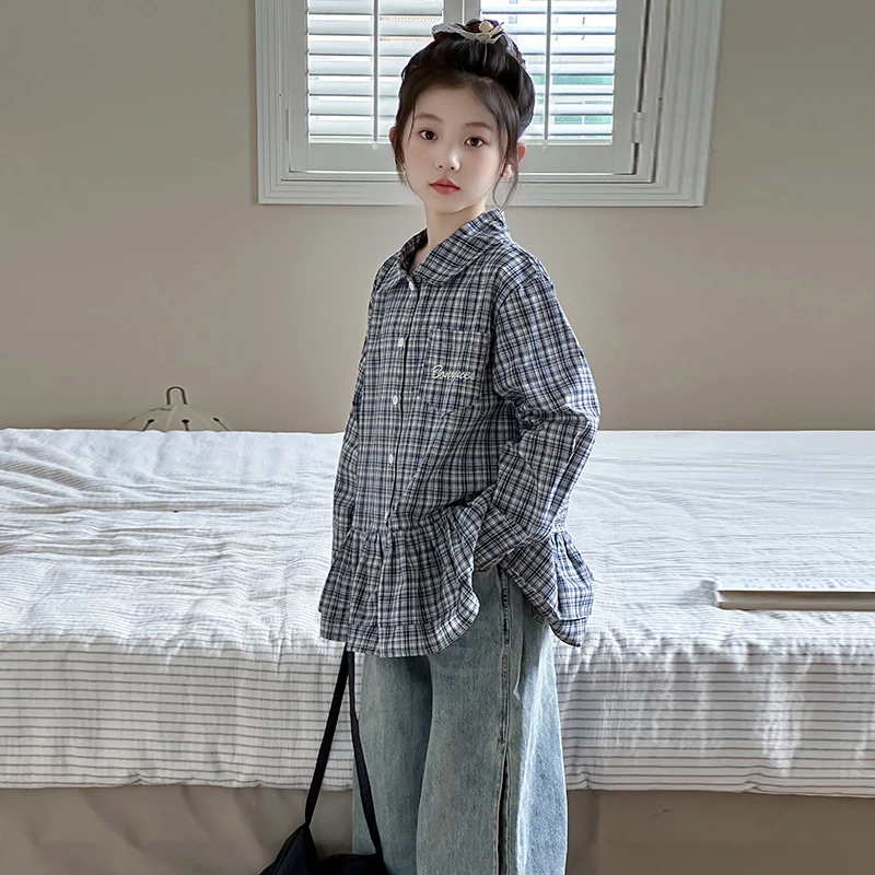 女童秋季格子衬衫2025新款儿童秋装洋气时髦韩系春秋大童早秋上衣