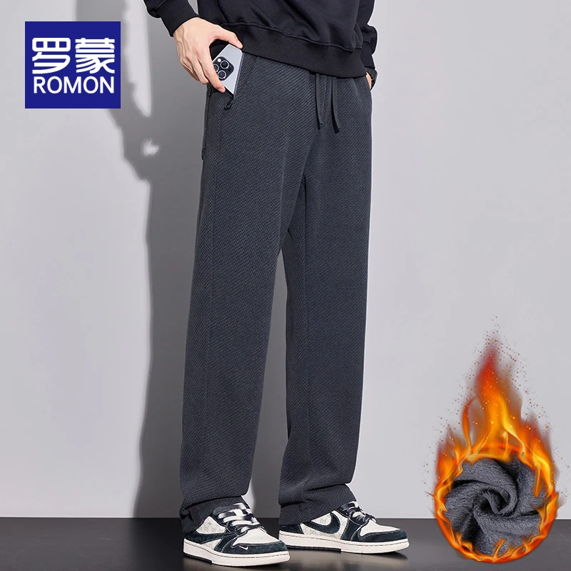 罗蒙男士秋冬季加绒加厚针织卫裤直筒宽松百搭保暖运动休闲裤男款