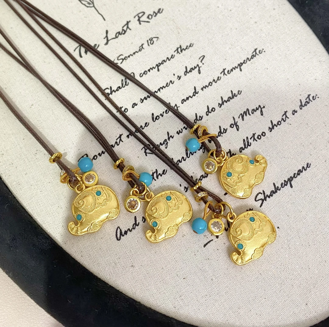 铜合金皮质项链 【墩墩象】复古手工可抽拉皮绳可爱小象项链百搭A35