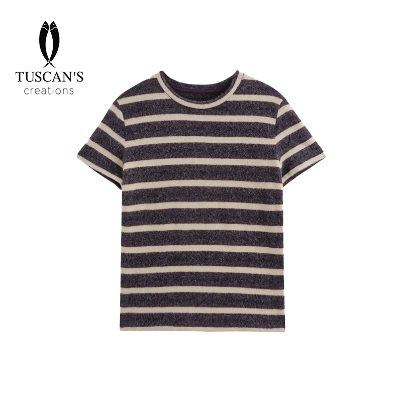 RAQTX12457秋冬新品双面磨毛条纹短袖t恤女圆领慵懒宽松休闲上衣