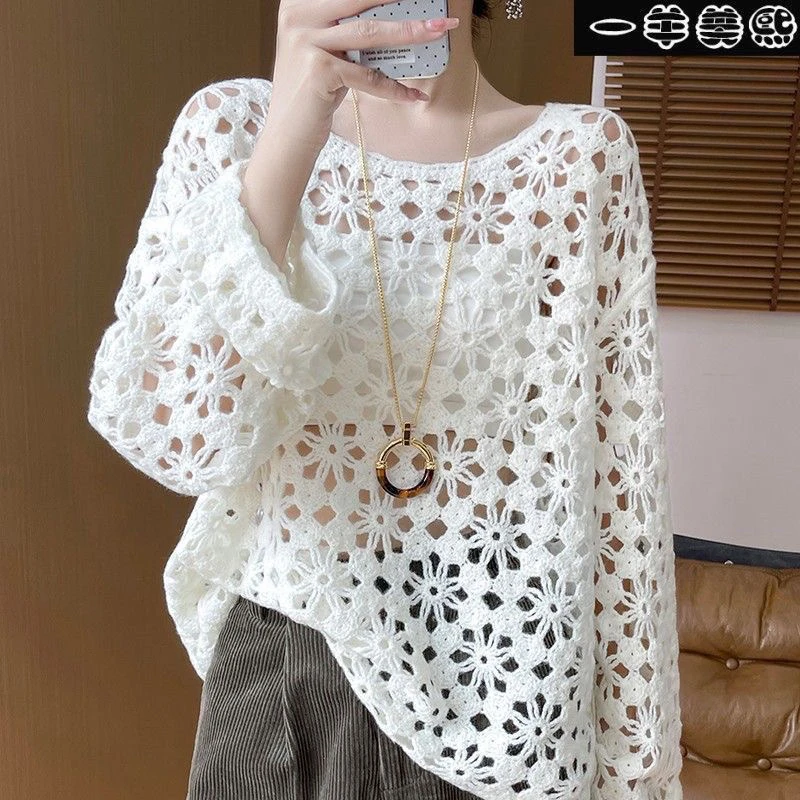 温柔风镂空提花圆领长袖针织衫2025早秋钩花洋气宽松休闲百搭罩衫