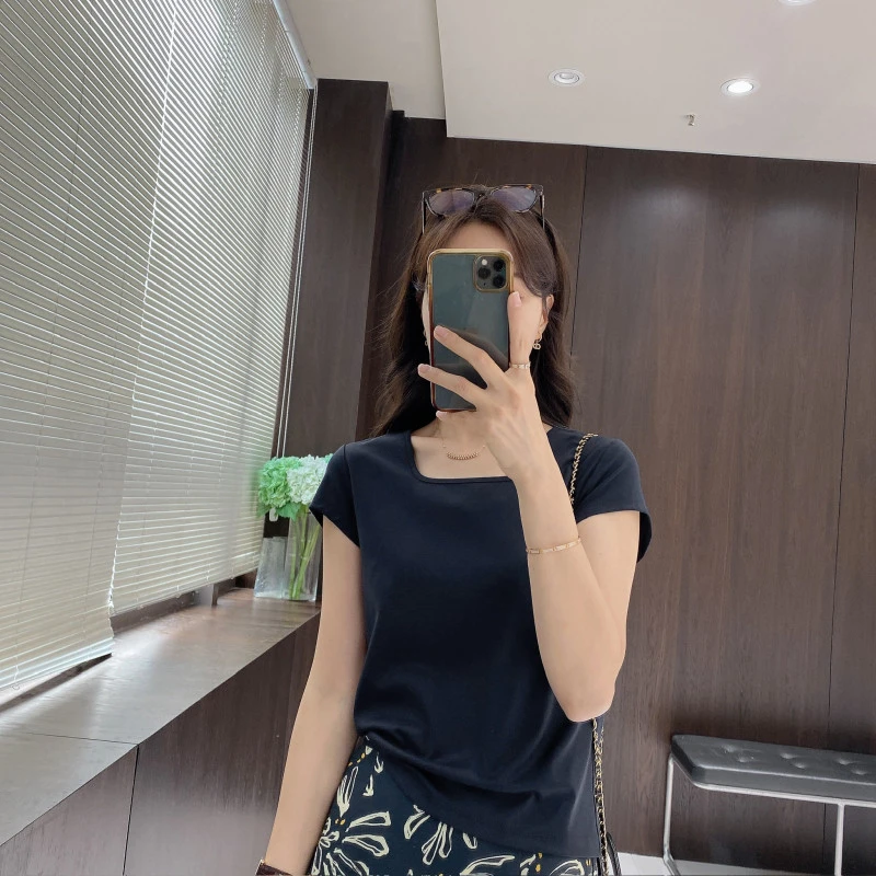 IMFLY金小金自制女装 T恤DYW9211夏季新款方领简约短袖打底衫上衣