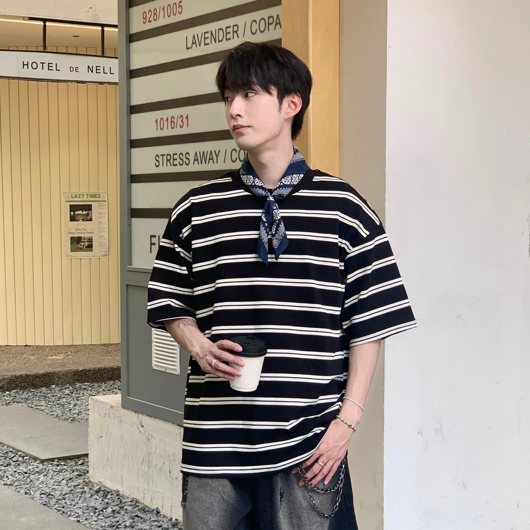 【ONEARTS短袖】2025夏季日系撞色条纹宽松圆领oversize慵懒短袖T恤