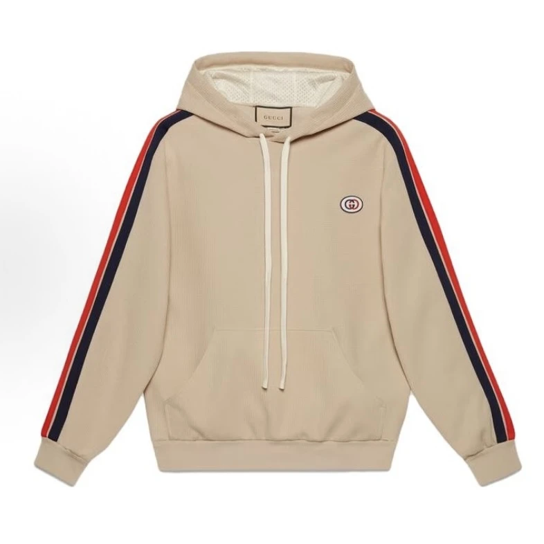 未使用 GUCCI/古驰 侧边条纹小Logo印花套头连帽卫衣卡其色秋冬
