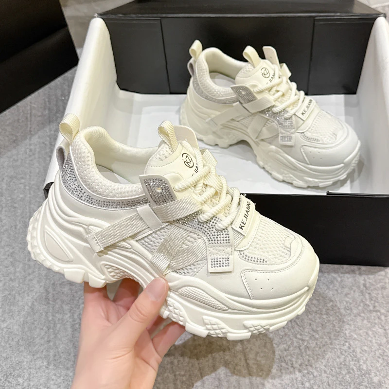 厚底老爹鞋女2025夏季新款网面透气小白鞋百搭增高水钻休闲运动鞋