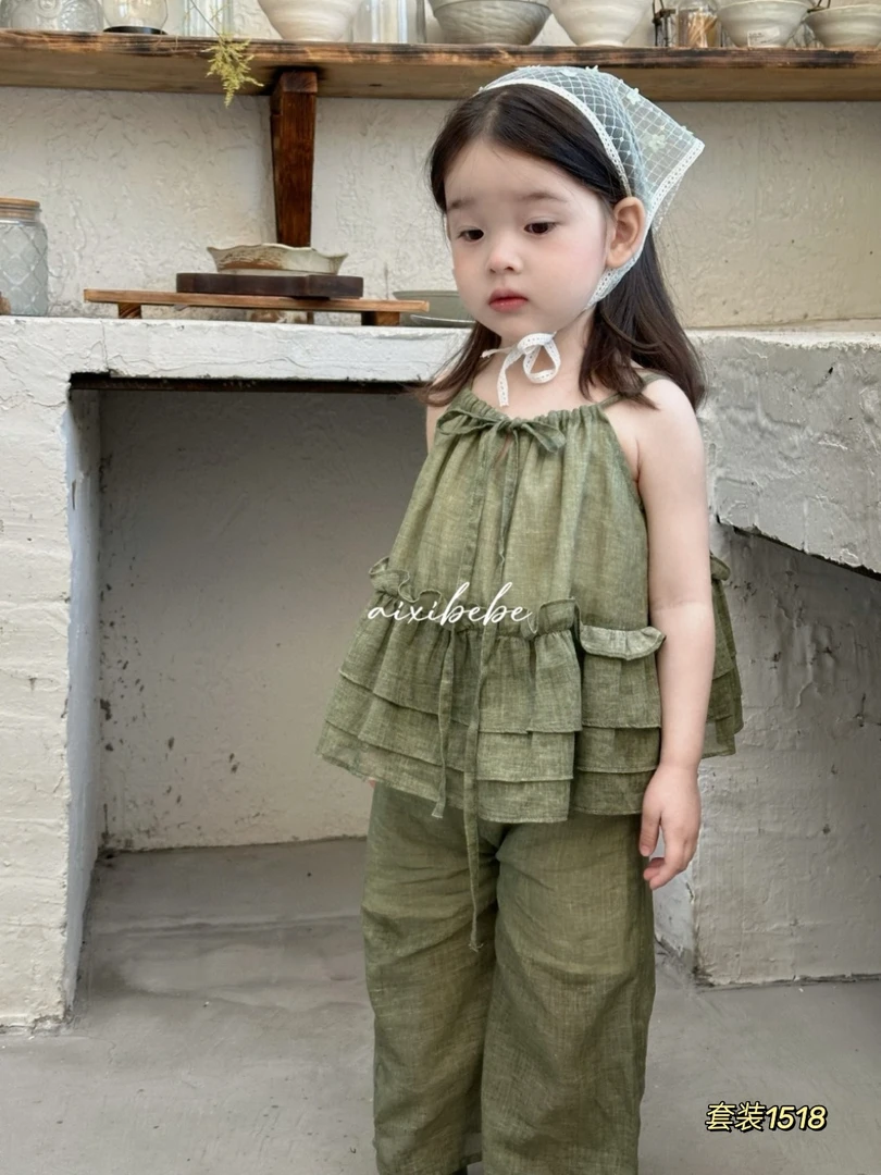 爱喜日系复古绿色花边吊带套装女宝夏季洋气薄款婴儿两件套